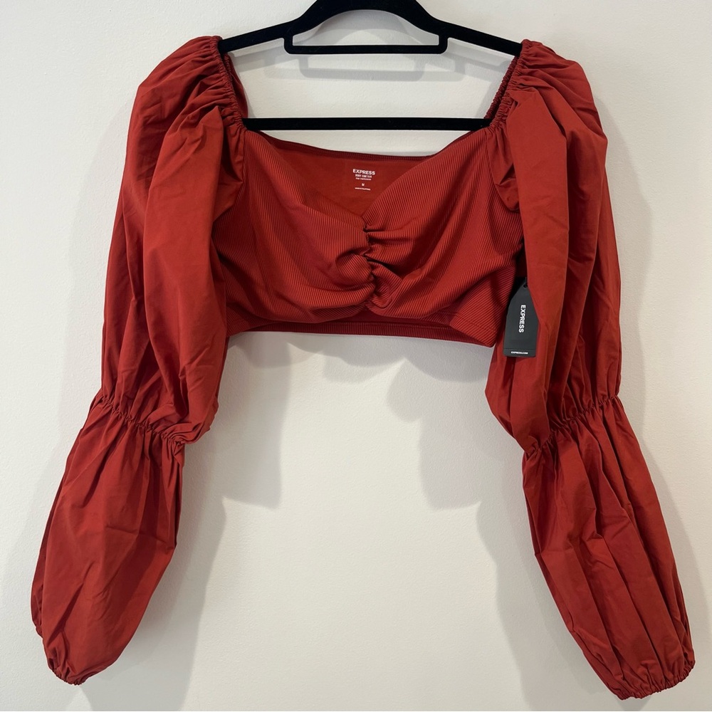 Express Body Contour Puff long sleeve ribbed crop top Orange size M NWT